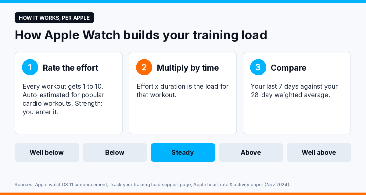 How Apple Watch training load is built, in three steps. One: each workout gets an effort rating from 1 to 10, estimated automatically for popular cardio workouts and entered by you for strength. Two: effort multiplied by duration gives that workout's load. Three: your last 7 days are compared with your 28-day weighted average and shown as well below, below, steady, above or well above