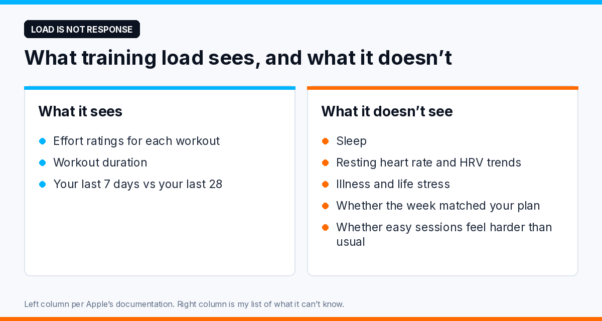 Two columns. What training load sees: workout effort ratings, workout duration, your last 7 days against your last 28. What it doesn't see: sleep, resting heart rate and HRV trends, illness and life stress, whether the week matched your plan, and whether easy sessions feel harder than usual