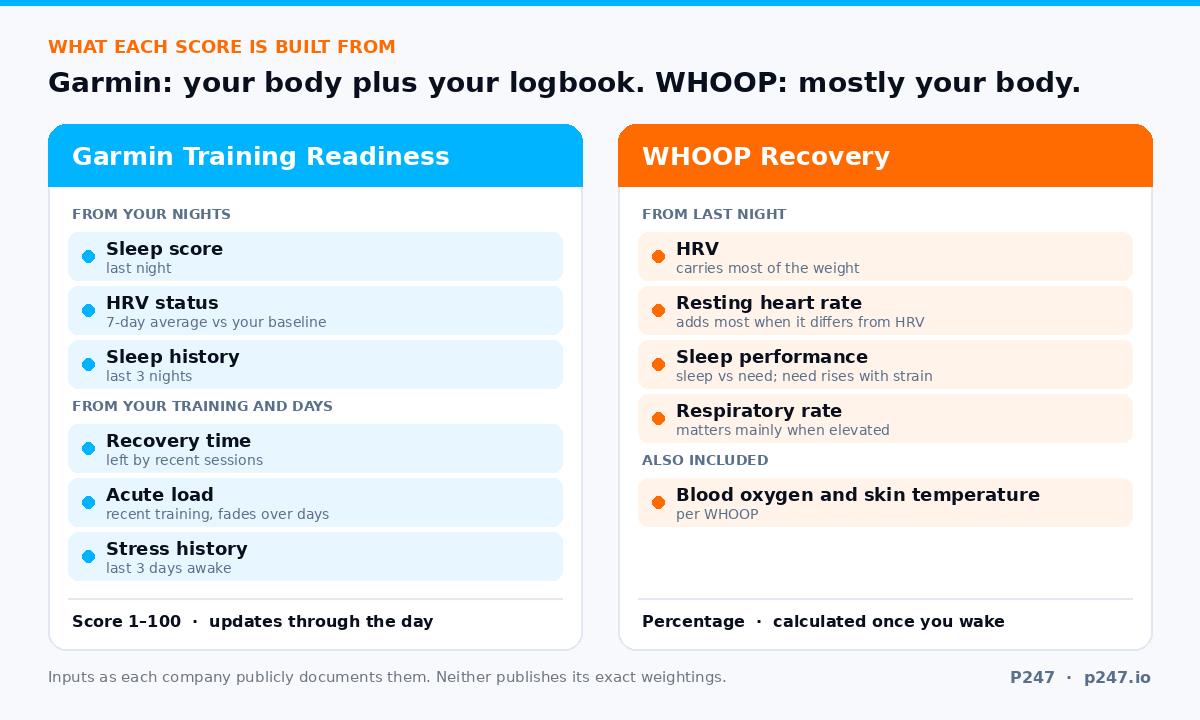 What each score is built from: Garmin Training Readiness uses overnight signals plus recovery time, acute load and stress history and updates through the day; WHOOP Recovery uses overnight HRV, resting heart rate, sleep performance and respiratory rate and is calculated once each morning